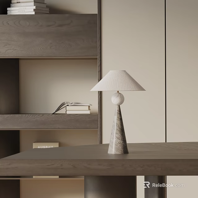 Modern Table Lamp With Conical Marble Base And Light Fabric Shade On Wooden Table 3d model 