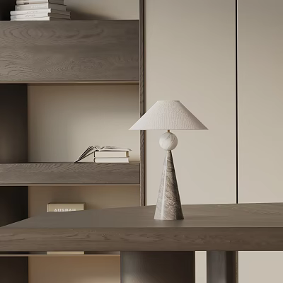 Modern Table Lamp With Conical Marble Base And Light Fabric Shade On Wooden Table 3d model