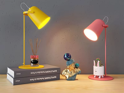 Modern Yellow And Pink Table Lamps On Tabletop With Books Scented Sticks Decor 3d model
