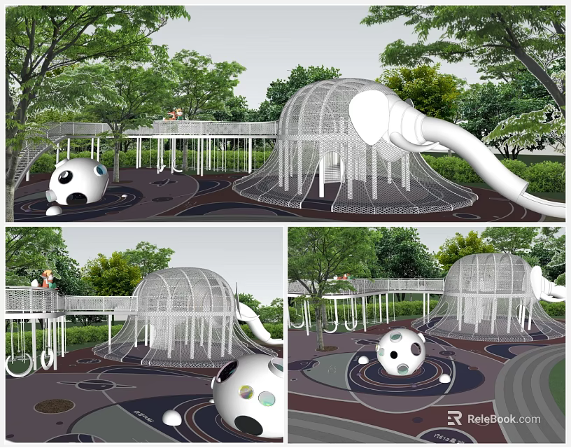 Outdoor Kids Playground Featuring White Wire Mesh Structure Slide Spherical Equipment And Trees 3d model 