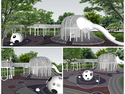 Outdoor Kids Playground Featuring White Wire Mesh Structure Slide Spherical Equipment And Trees 3d model