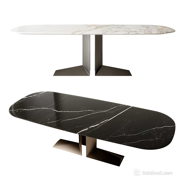 Modern Dining Table With White And Black Marble Top And Metal Base 3d model 