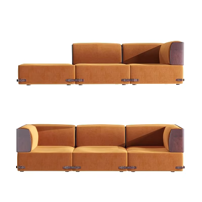 Modern Three Seater Sofa With Orange Upholstery Dark Armrests And Metal Legs 3d model