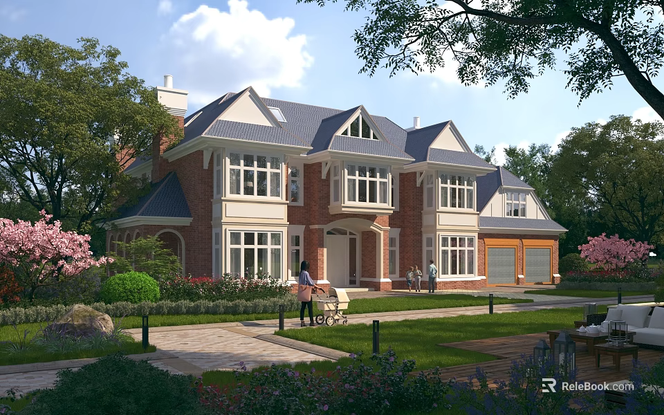 Spacious Detached Villa With Red Brick Exterior Grey Roof And Lush Garden 3d model 