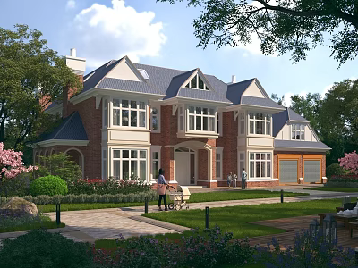 Spacious Detached Villa With Red Brick Exterior Grey Roof And Lush Garden 3d model
