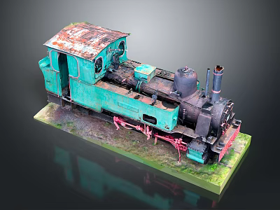 Vintage Teal Rusted Steam Train Model With Green Grass Base And Detailed Exterior 3d model