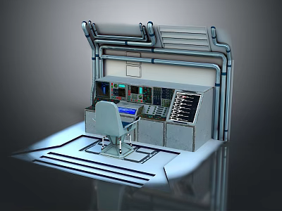 Metallic Industrial Control Panel Station With Chair Display Screens Buttons And Pipes 3d model