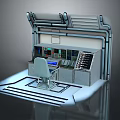 Metallic Industrial Control Panel Station With Chair Display Screens Buttons And Pipes