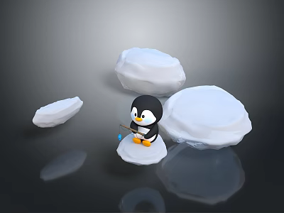 Cute Little Penguin Fishing On Ice Block With Water Reflection And Ice Blocks 3d model