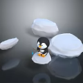 Cute Little Penguin Fishing On Ice Block With Water Reflection And Ice Blocks