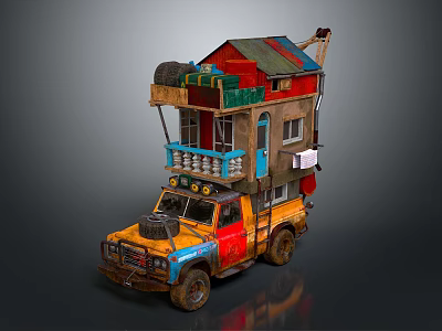 Colorful Truck Featuring Stacked House Like Structure With Colorful Roofs Walls And Luggage 3d model