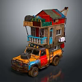 Colorful Truck Featuring Stacked House Like Structure With Colorful Roofs Walls And Luggage