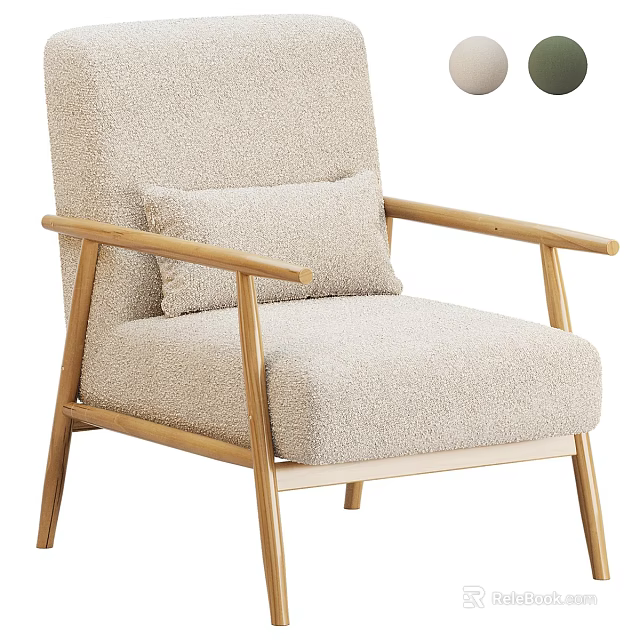 Cozy Beige Single Chair Featuring Fuzzy Fabric Wooden Armrests Legs And Cushion 3d model 