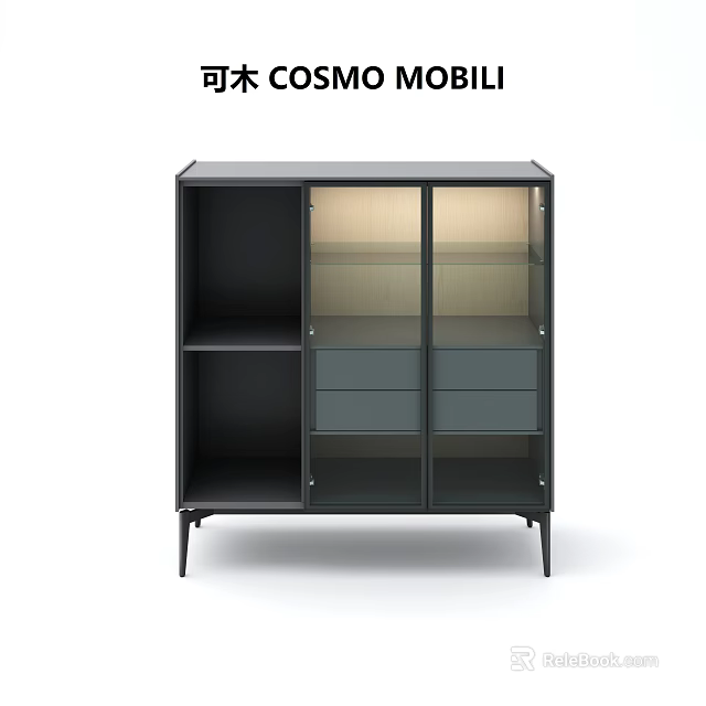 Modern Chest of Drawers With Glass Doors Open Shelves and Metal Legs Design 3d model 