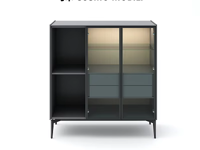 Modern Chest of Drawers With Glass Doors Open Shelves and Metal Legs Design 3d model