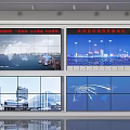 Multi Screen Monitoring Display With World Map Cityscape And Network Visualization 3d model