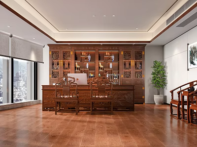 Modern Office Interior With Wooden Desk Bookshelves Wooden Flooring Large Windows And Potted Plant 3d model