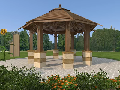 Wooden Gazebo With Brown Roof Stone Columns In Garden With Grass Trees Flowers And Sunflower 3d model
