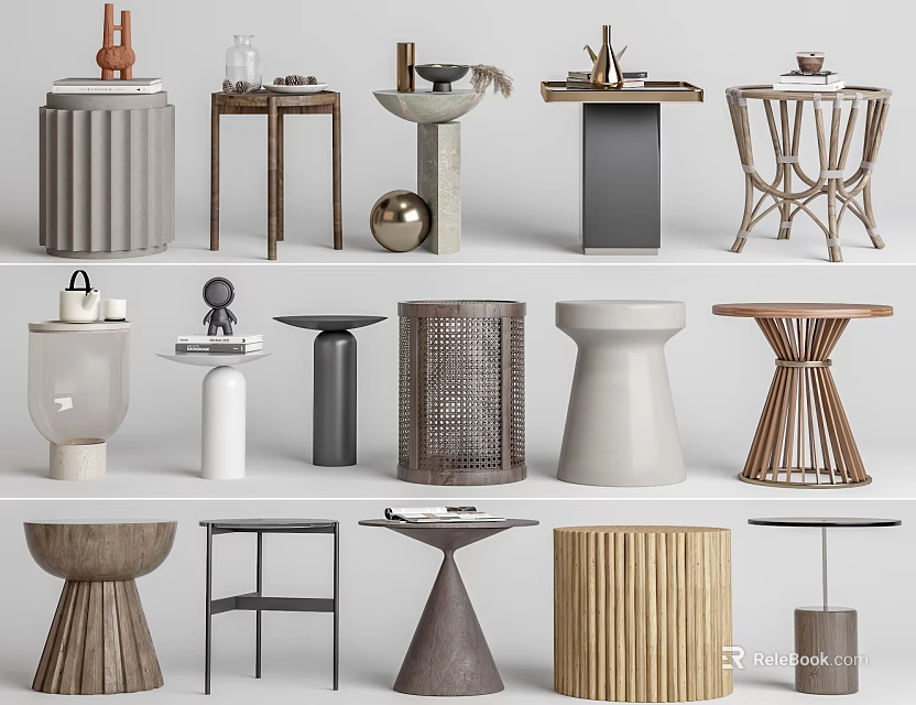 Stylish Assorted Side Tables with Diverse Shapes and Textures for Modern Home Decor 3d model 