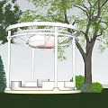White Round Garden Pergola With Trees Grass Flowers And Benches