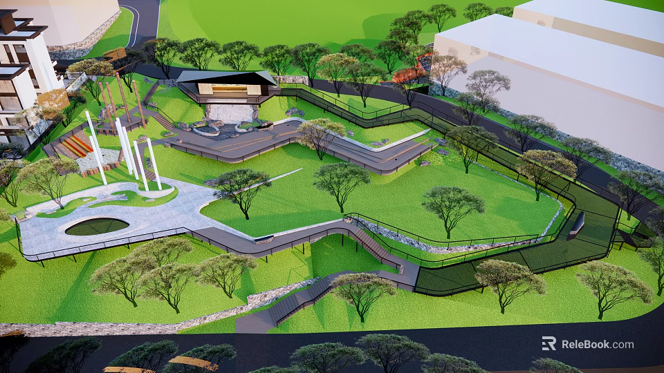 Garden Landscape Design With Lush Green Lawns Winding Pathways Trees And Central Pavilion 3d model 