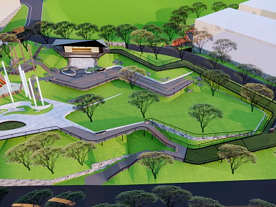 Garden Landscape Design With Lush Green Lawns Winding Pathways Trees And Central Pavilion 3d model