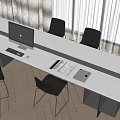 Modern Conference Table With White Top Computer Monitor Keyboard Notebook Black Chairs And Herringbone Floor