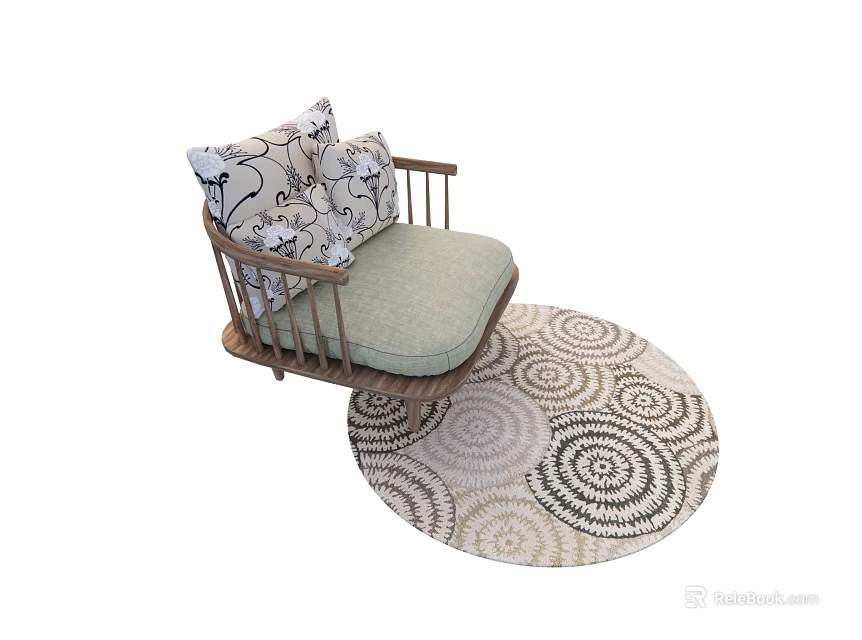 Accent Chair With Wooden Frame Light Green Cushion Patterned Pillows On Round Spiral Pattern Rug 3d model 