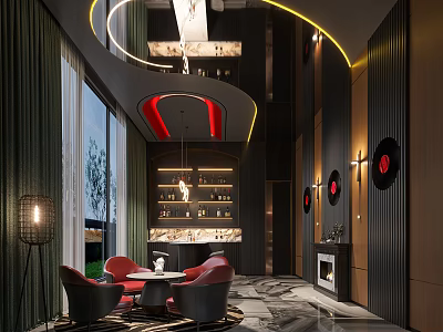 Modern Bar Interior With Black Red Decor Round Pendant Lights Bar Counter And Red Chairs 3d model