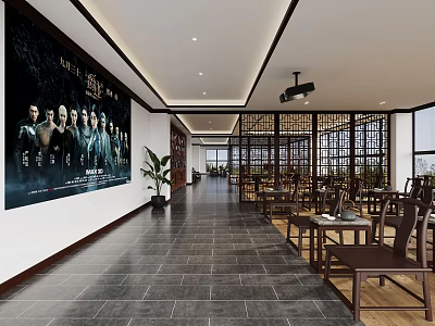 Chinese Style Interior Corridor With Wooden Furniture Decorative Painting And Large Windows 3d model