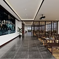 Chinese Style Interior Corridor With Wooden Furniture Decorative Painting And Large Windows