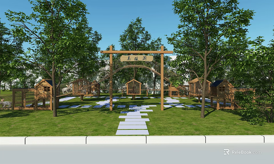 Traditional Garden Landscape with Wooden Arched Gateway Stone Path Lawn Trees and Small Cottages 3d model 