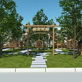 Traditional Garden Landscape with Wooden Arched Gateway Stone Path Lawn Trees and Small Cottages