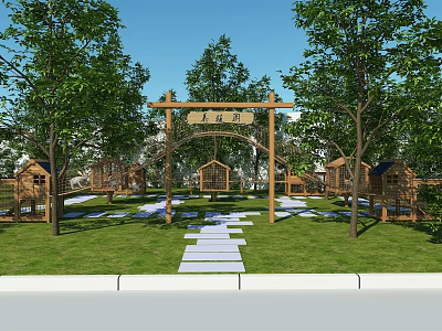 Traditional Garden Landscape with Wooden Arched Gateway Stone Path Lawn Trees and Small Cottages 3d model