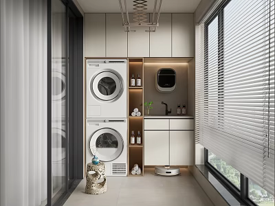 Modern Home Balcony With Stacked Washing Machine Dryer Cabinet Sink And Window Blinds 3d model