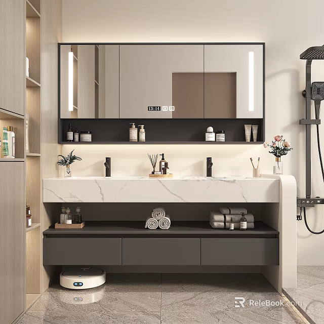 Modern Bathroom Interior Design With Marble Countertop Illuminated Mirror And Storage 3d model 