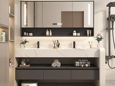 Modern Bathroom Interior Design With Marble Countertop Illuminated Mirror And Storage 3d model