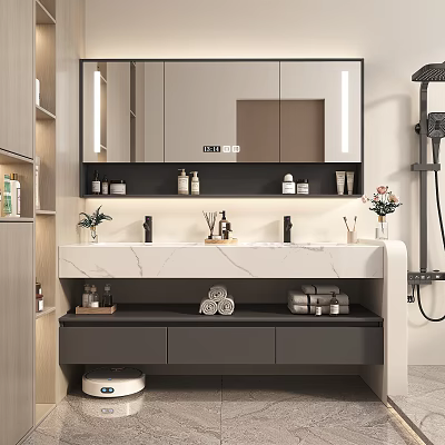 Modern Bathroom Interior Design With Marble Countertop Illuminated Mirror And Storage 3d model