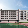 Multi Story School Building with Arched Windows Basketball Court and Track Field