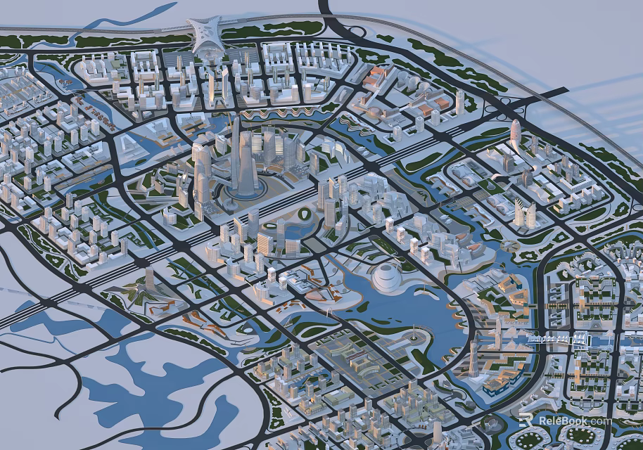 Aerial View Urban Planning Featuring Modern City Layout Buildings Water Bodies And Green Spaces 3d model 
