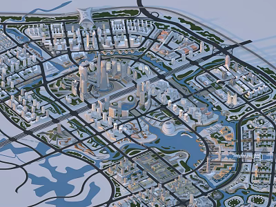 Aerial View Urban Planning Featuring Modern City Layout Buildings Water Bodies And Green Spaces 3d model