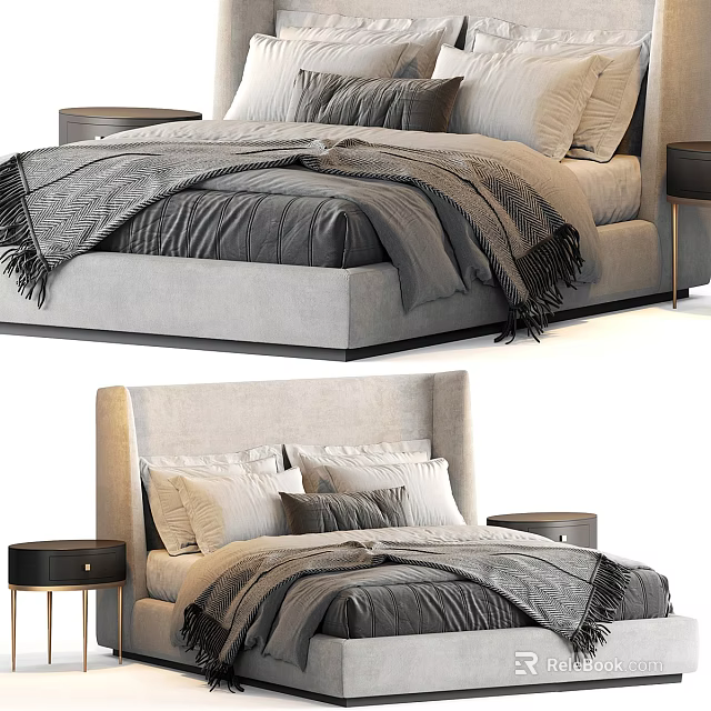 Modern Upholstered Double Bed With Gray Beige Blanket Pillows And Nightstands 3d model 