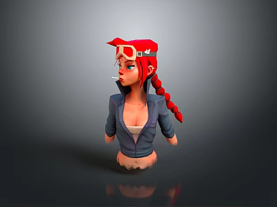 3D Character With Red Hair Long Braid Goggles Red Hat Blue Jacket And White Top 3d model