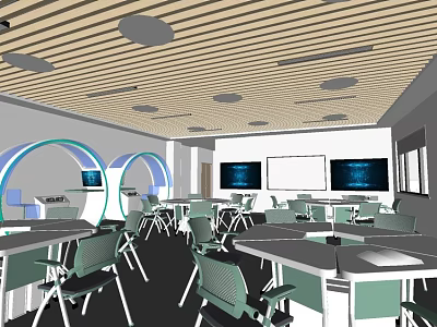 Kindergarten Classroom Interior With Curved Arches Tables Chairs And Digital Screens 3d model