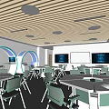 Kindergarten Classroom Interior With Curved Arches Tables Chairs And Digital Screens