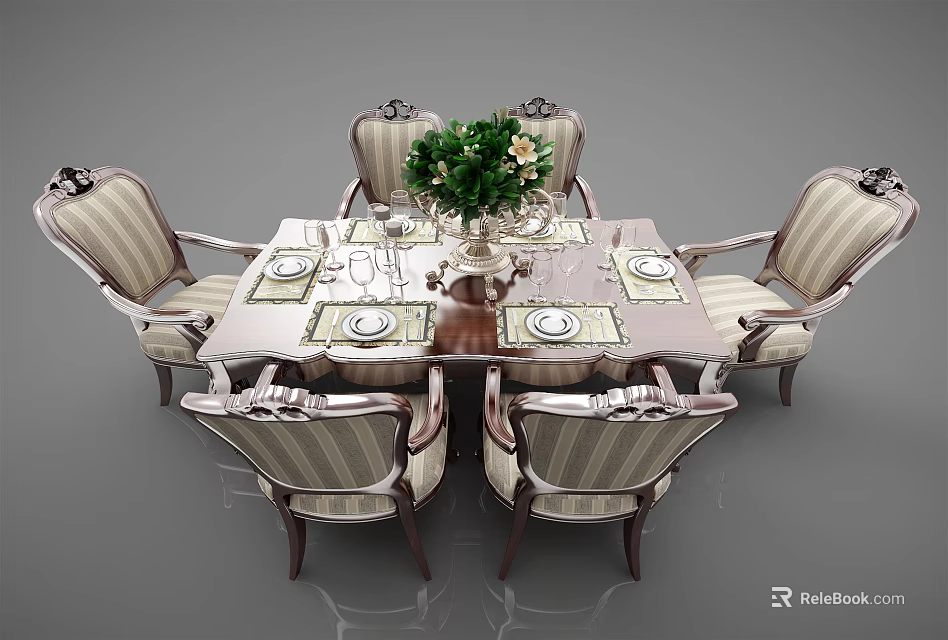 Elegant Classic Dining Table Set With Striped Upholstered Chairs And Floral Centerpiece 3d model 