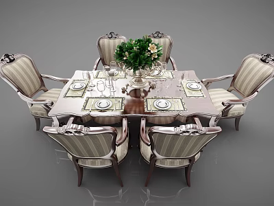 Elegant Classic Dining Table Set With Striped Upholstered Chairs And Floral Centerpiece 3d model