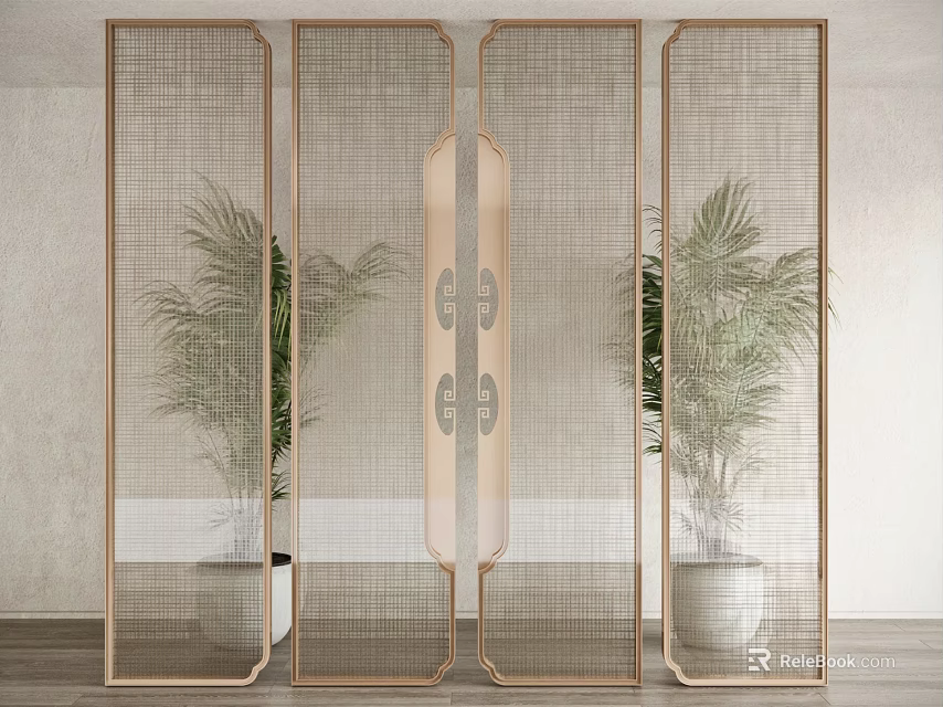 Modern Room Divider with Golden Grid Frame Design and Potted Palm Plants 3d model