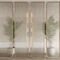 Modern Room Divider with Golden Grid Frame Design and Potted Palm Plants 3d model