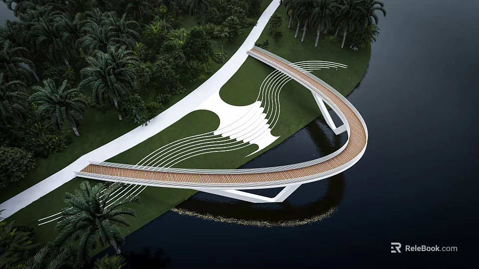Curved Scenic Bridge With Wooden Deck And White Structure Over Water Surrounded By Palm Trees 3d model 
